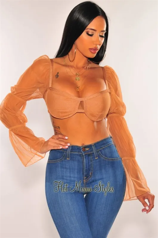 Caramel Mesh Long Sleeves Bustier Crop Top sold by Hot Miami Styles
