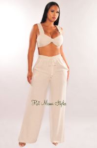 Taupe Linen Knotted Palazzo Pant Two Piece Set sold by Hot Miami Styles