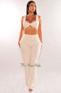 Taupe Linen Knotted Palazzo Pant Two Piece Set sold by Hot Miami Styles