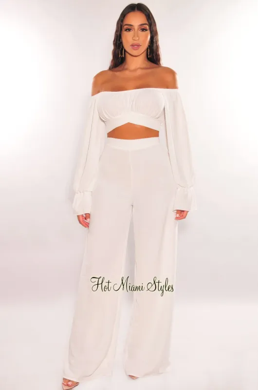 White Off Shoulder Tie Up Palazzo Pant Two Piece Set sold by Hot Miami Styles