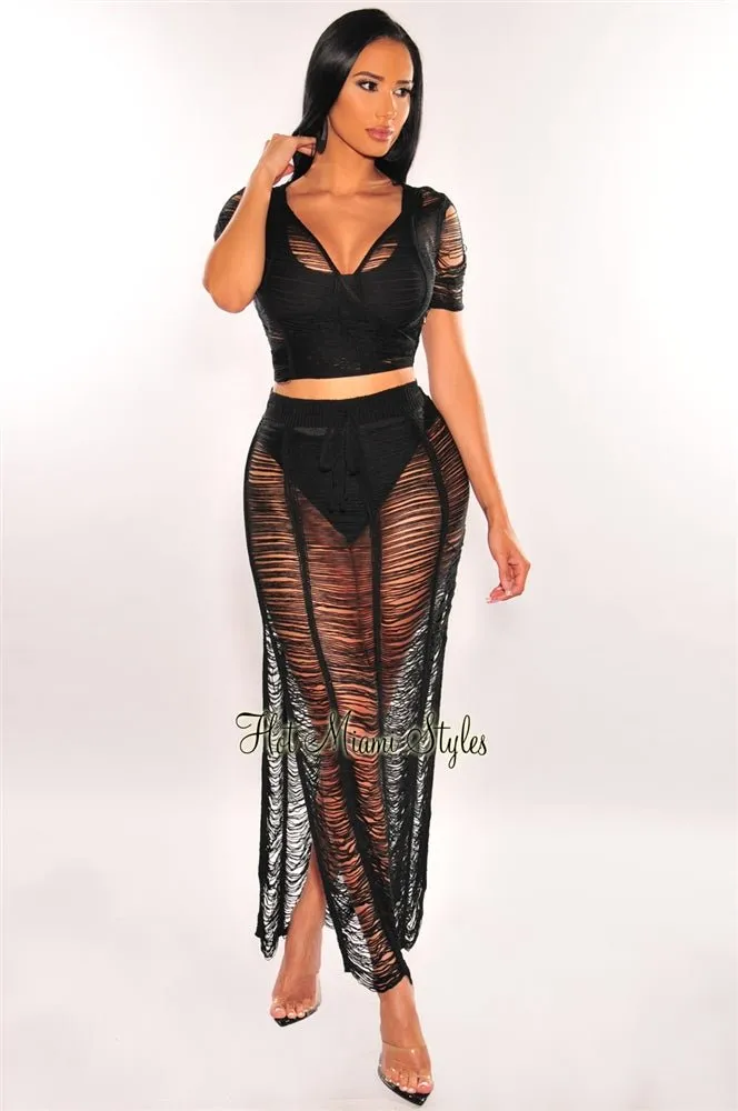 Black Crochet Knit Sheer Skirt Two Piece Set Cover Up sold by Hot Miami Styles