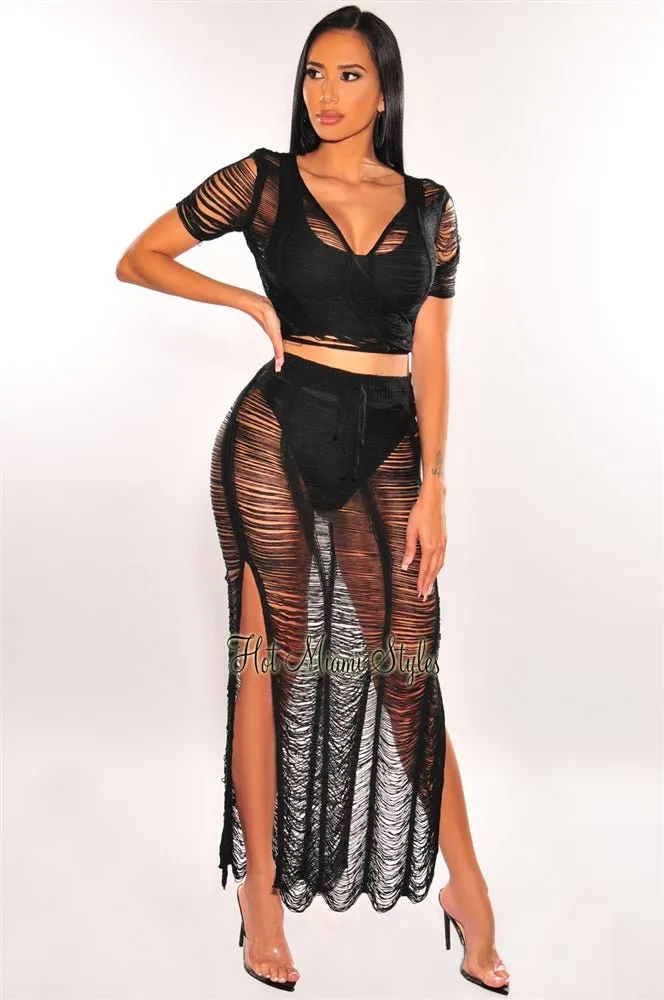 Black Crochet Knit Sheer Skirt Two Piece Set Cover Up sold by Hot Miami Styles product image thumbnail 2
