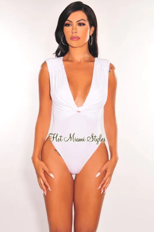 White Ribbed Sleeveless V Neck Knotted Open Back Bodysuit sold by Hot Miami Styles