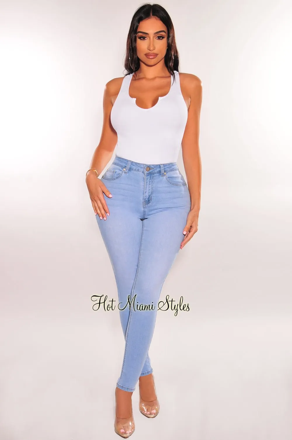 Light Denim Wash High Waisted Stretchy Skinny Jeans sold by Hot Miami Styles