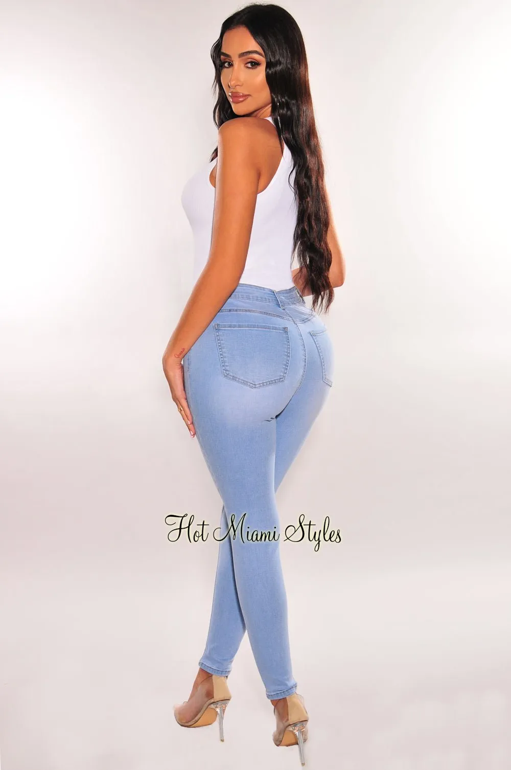 Light Denim Wash High Waisted Stretchy Skinny Jeans sold by Hot Miami Styles product image thumbnail 2