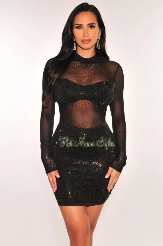 Black Mock Neck Rhinestone Mesh Long Sleeves Dress sold by Hot Miami Styles