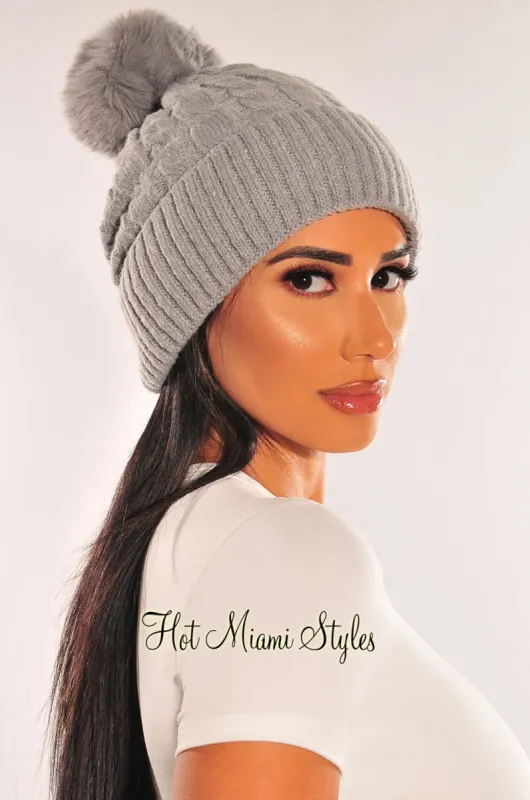 Gray Cable Knit Pom Beanie sold by Hot Miami Styles