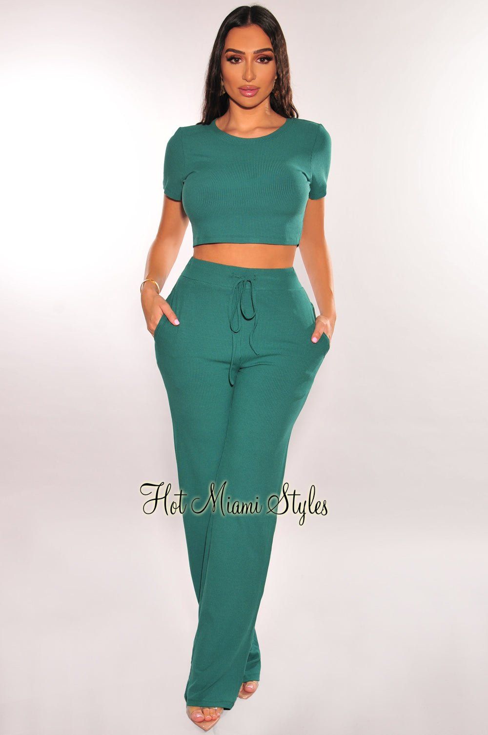 Teal Ribbed Short Sleeve Wide Leg Pants Two Piece Set sold by Hot Miami Styles