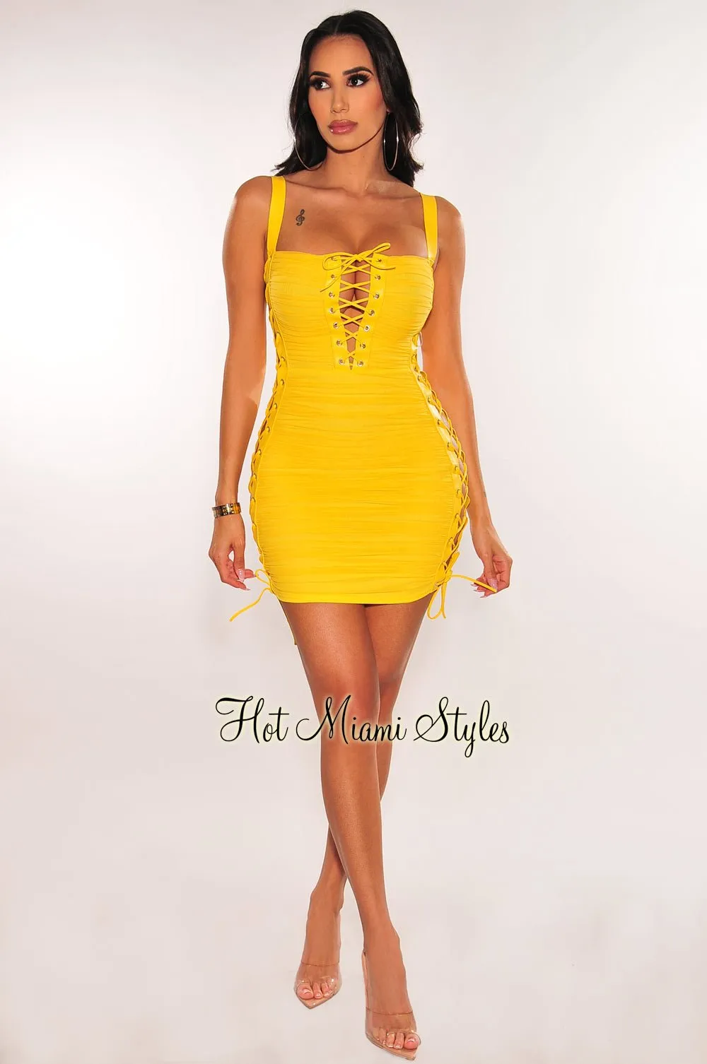 Yellow Leather Straps Lace Up Mesh Ruched Mini Dress sold by Hot Miami Styles product image thumbnail 3