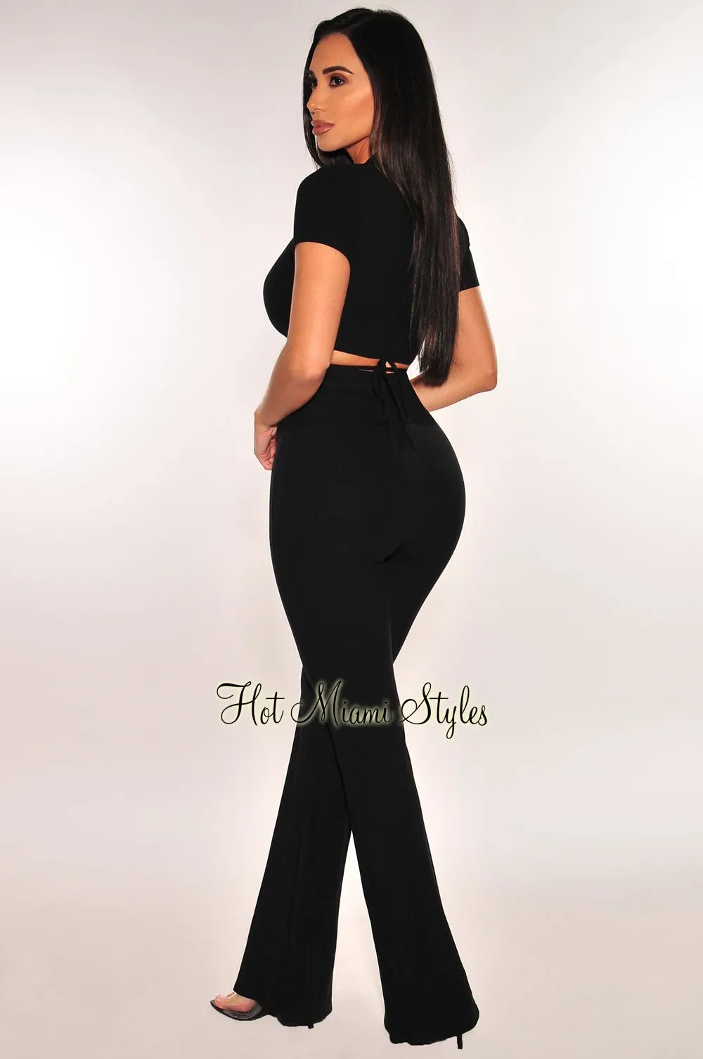 Black Ribbed Collared Wrap Crop Top Palazzo Pants Two Piece Set sold by Hot Miami Styles product image thumbnail 2
