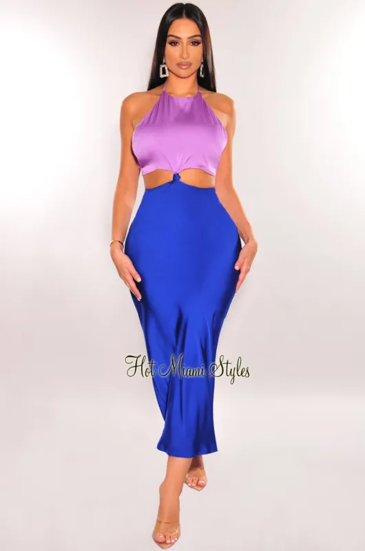 Lilac Blue Satin Halter Knotted Cut Out Slip Dress sold by Hot Miami Styles