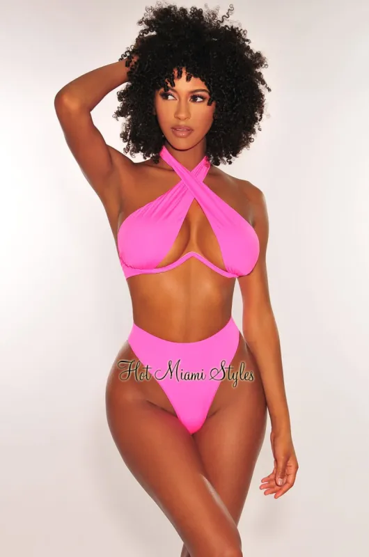 Hot Pink Halter Underwire CrissCross Tie Up Scrunch Butt Bikini Bottom sold by Hot Miami Styles