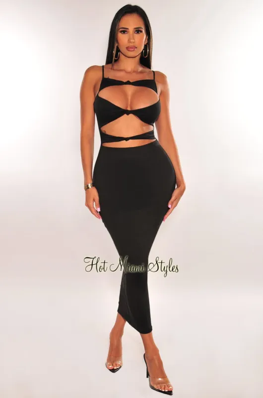 Black Cut Out Knotted Slim Fit Maxi Dress sold by Hot Miami Styles