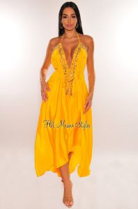 Yellow Halter Rhinestone Drawstring Asymmetrical Hem Maxi Dress sold by Hot Miami Styles