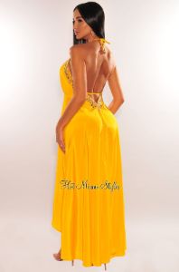 Yellow Halter Rhinestone Drawstring Asymmetrical Hem Maxi Dress sold by Hot Miami Styles