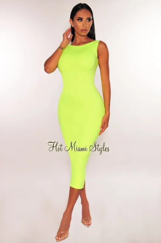 HMS Essential: Neon Yellow Sleeveless Round Neck Midi Dress sold by Hot Miami Styles