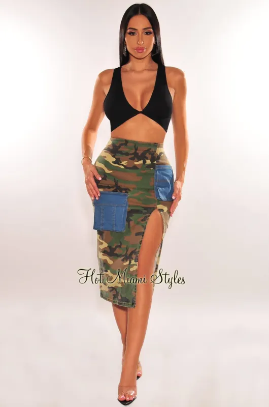 Denim Camo Print Cargo High Waist Slit Pencil Skirt sold by Hot Miami Styles