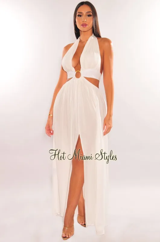 White Halter Tie Up Cut Out O-Ring Slit Maxi Dress sold by Hot Miami Styles