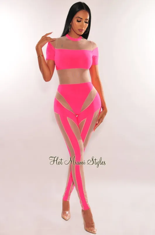 Hot Pink Mesh Illusion Mock Neck Short Sleeve Jumpsuit sold by Hot Miami Styles