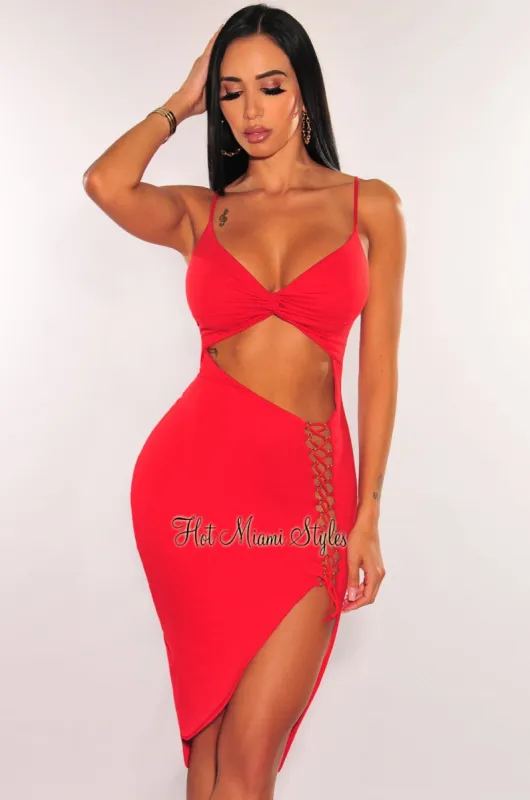 Red Spaghetti Strap Knotted Cut Out Lace Up Asymmetrical Dress sold by Hot Miami Styles