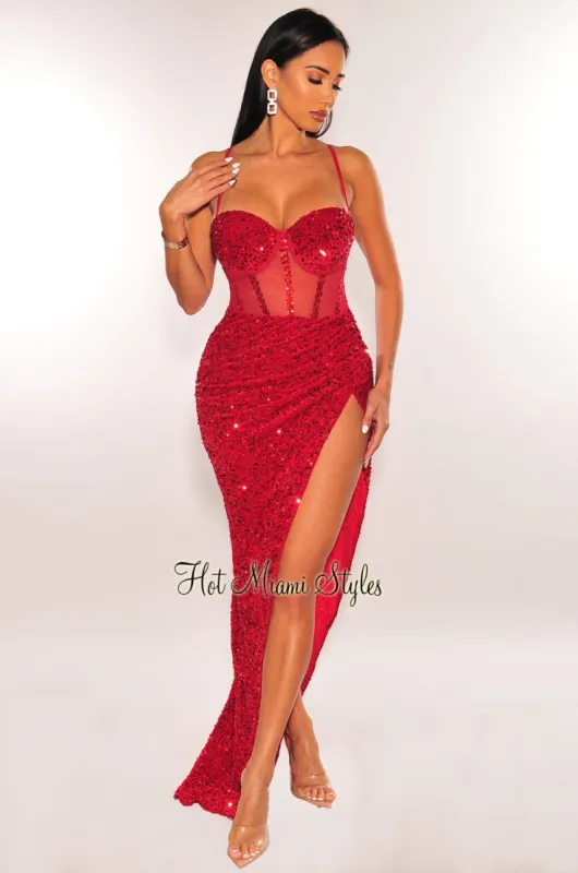 Red Sequins Mesh Spaghetti Strap Padded Bustier Slit Gown sold by Hot Miami Styles