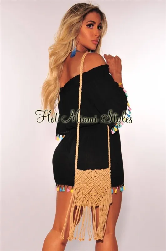 Mocha Embroidered Crochet Macrame Crossbody Bag sold by Hot Miami Styles