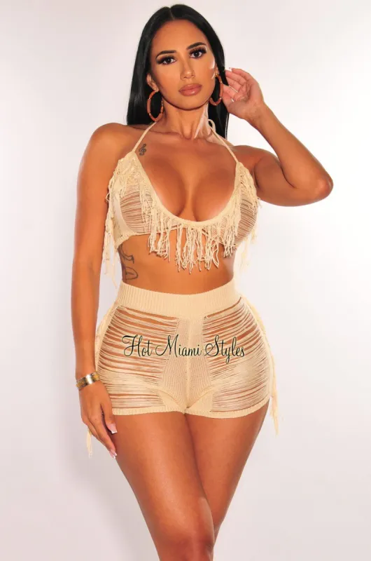 Nude Halter Crochet Ladder Fringe Cover Up Shorts Two Piece Set sold by Hot Miami Styles