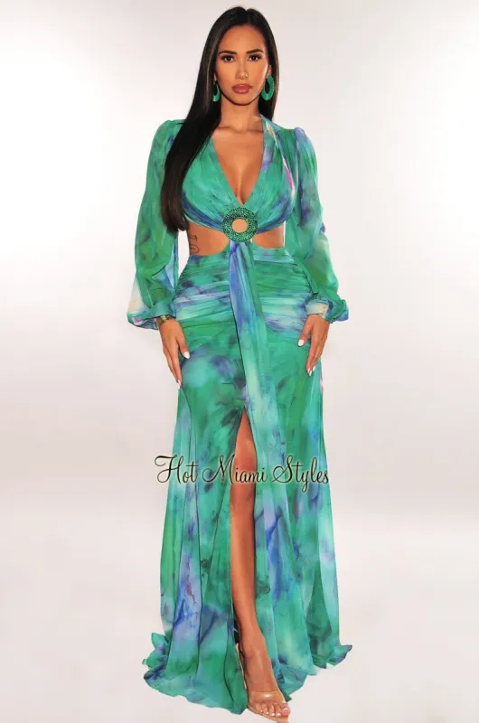 Emerald Multi Color Long Sleeve Cut Out Rhinestone O Ring Ruched Drape Slit Maxi Dress sold by Hot Miami Styles