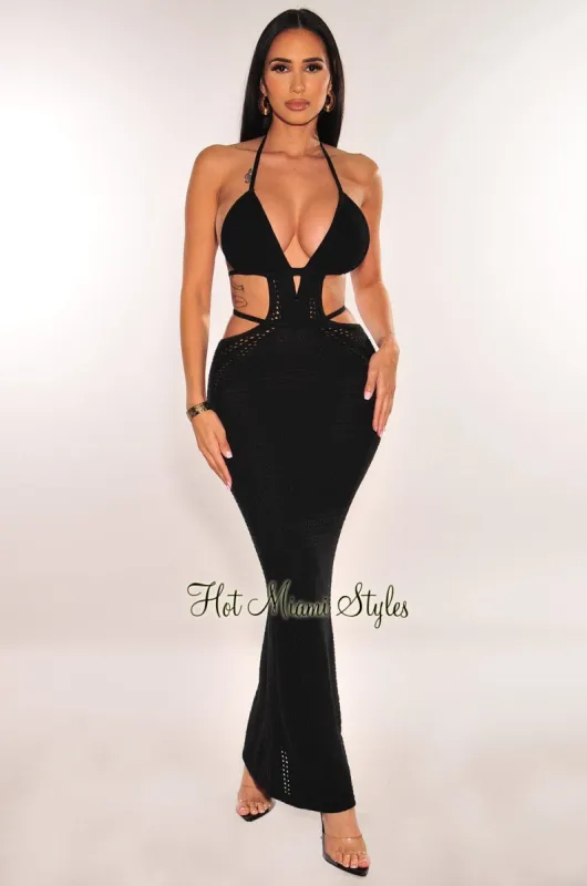 Black Crochet Halter Cut Out Open Back Mermaid Cover Up Dress sold by Hot Miami Styles