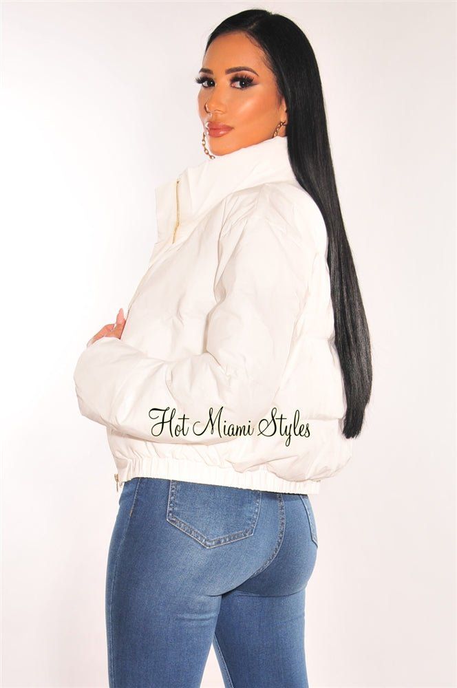 White Puffer Bomber Zipper Cropped Jacket sold by Hot Miami Styles product image thumbnail 2