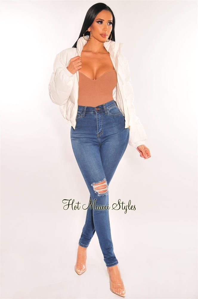 White Puffer Bomber Zipper Cropped Jacket sold by Hot Miami Styles product image thumbnail 3