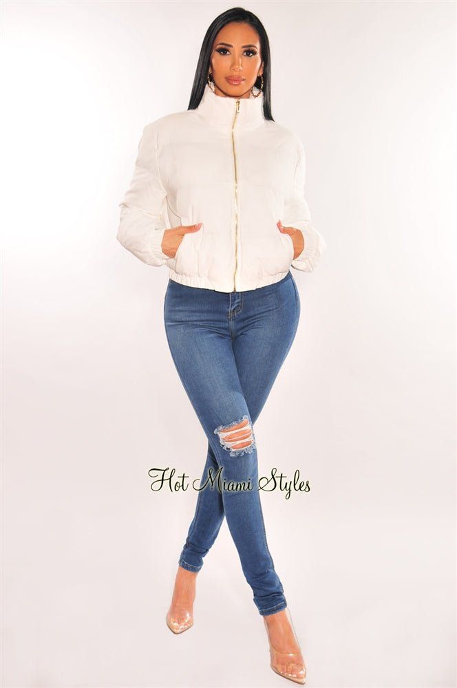 White Puffer Bomber Zipper Cropped Jacket sold by Hot Miami Styles product image thumbnail 4