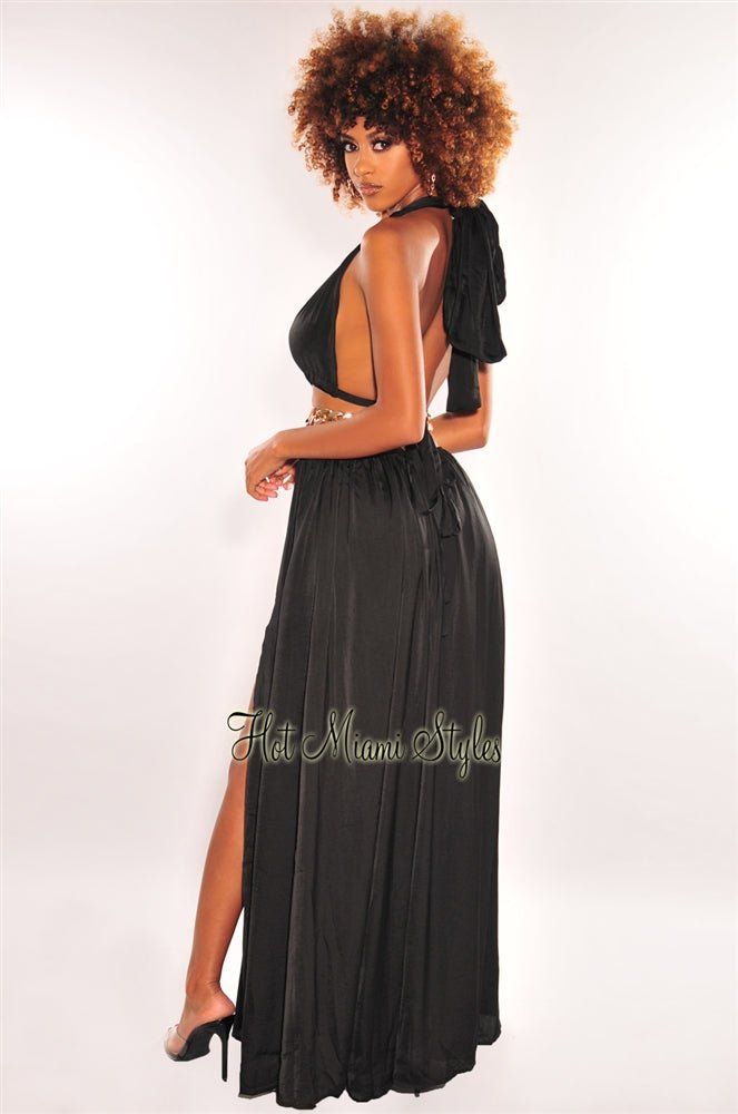 Black Gold Chain O-Ring Cut Out Gold Belted Double Slit Maxi Dress sold by Hot Miami Styles product image thumbnail 2