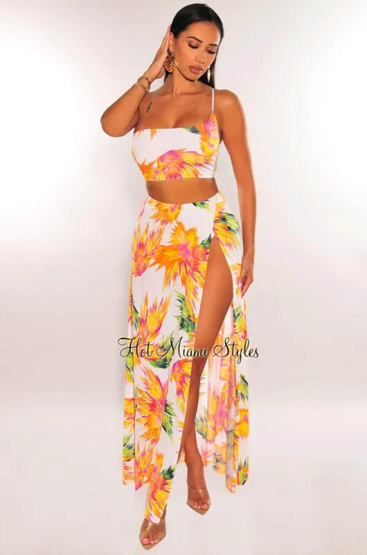 White Palm Print One Shoulder Slit Maxi Skirt Two Piece Set sold by Hot Miami Styles