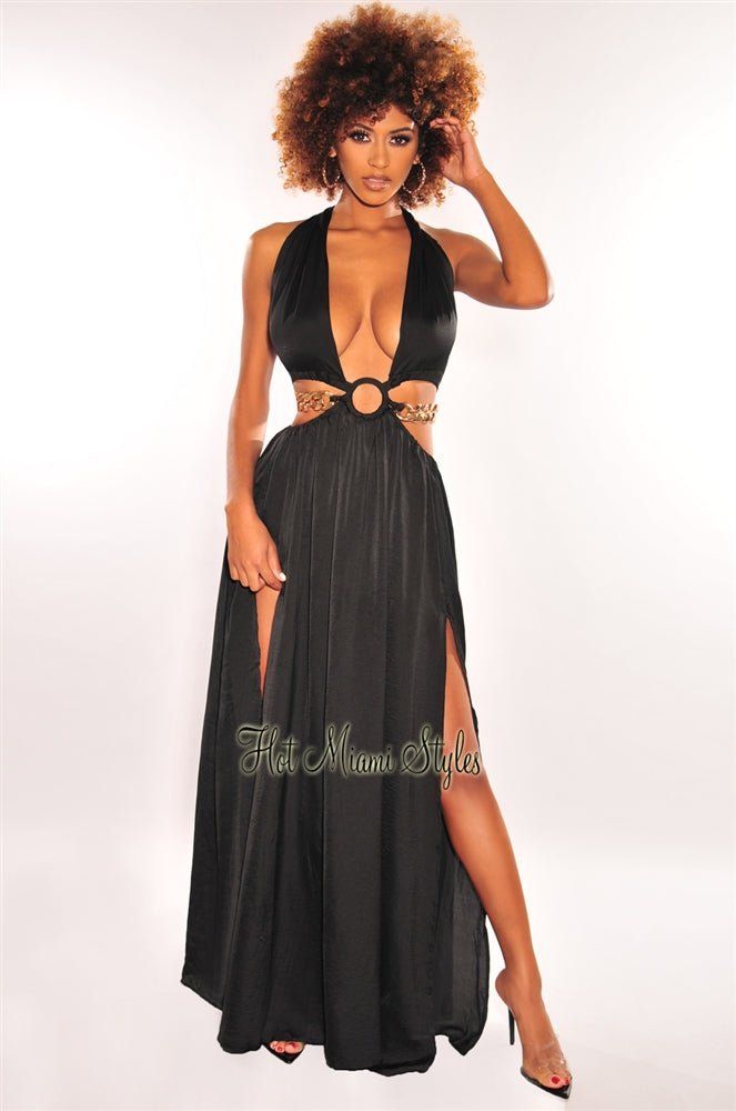 Black Gold Chain O-Ring Cut Out Gold Belted Double Slit Maxi Dress sold by Hot Miami Styles