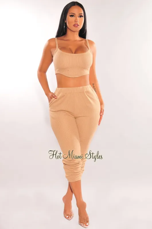 HMS Lounge: Mocha Textured Tank Joggers Pants Two Piece Set sold by Hot Miami Styles