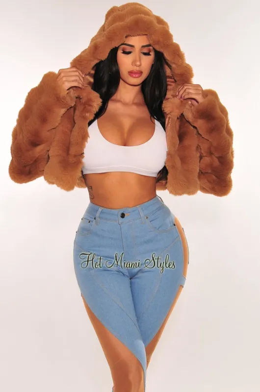Chestnut Hooded Faux Fur Crop Jacket sold by Hot Miami Styles
