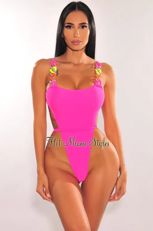 Hot Pink Multi Color Chain Ultra High Cut Swimsuit sold by Hot Miami Styles