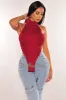 Burgundy Ribbed Knit Turtleneck Sleeveless Asymmetrical Crop Top sold by Hot Miami Styles