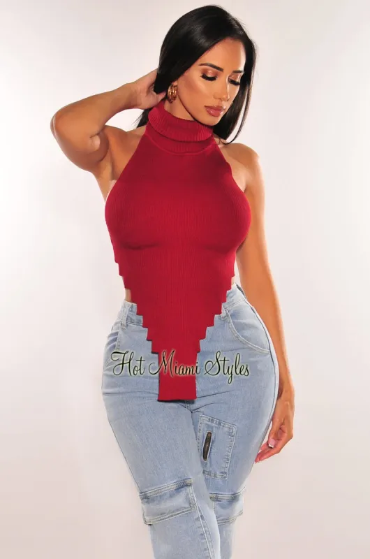 Burgundy Ribbed Knit Turtleneck Sleeveless Crop Top sold by Hot Miami Styles