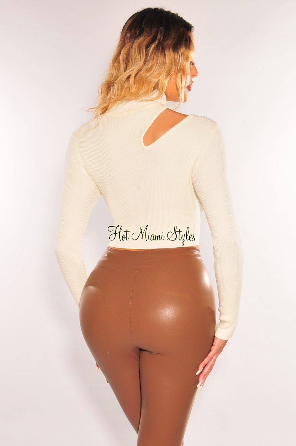 Ivory Ribbed Knit Cut Out Long Sleeve Sweater Crop Top sold by Hot Miami Styles product image thumbnail 2