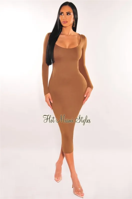 Mocha Round Neck Long Sleeve Midi Dress sold by Hot Miami Styles