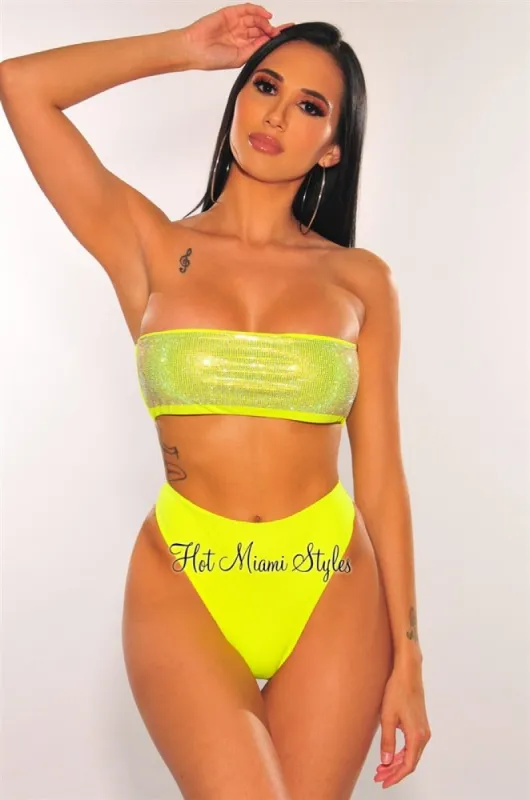 Neon Yellow Silver Rhinestone Bandeau High Waist Bikini Bottom sold by Hot Miami Styles