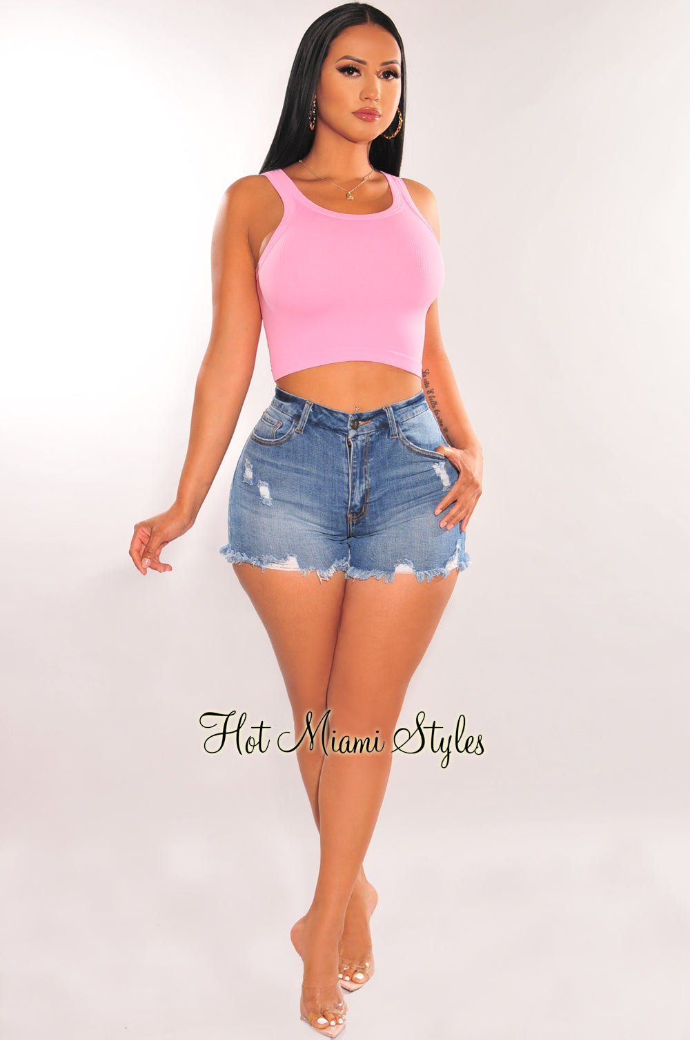 HMS ESSENTIAL: Pink Ribbed Seamless Sleeveless Crop Top sold by Hot Miami Styles product image thumbnail 3