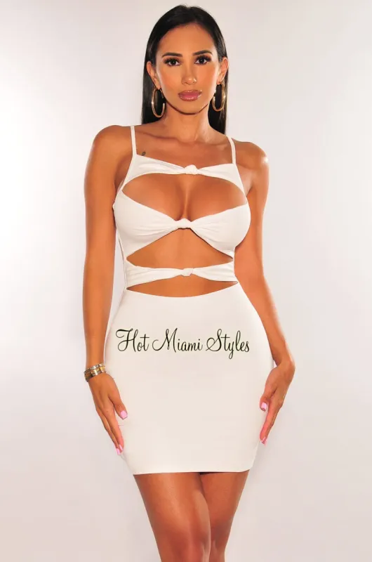 White Spaghetti Straps Knotted Cut Out Mini Dress sold by Hot Miami Styles
