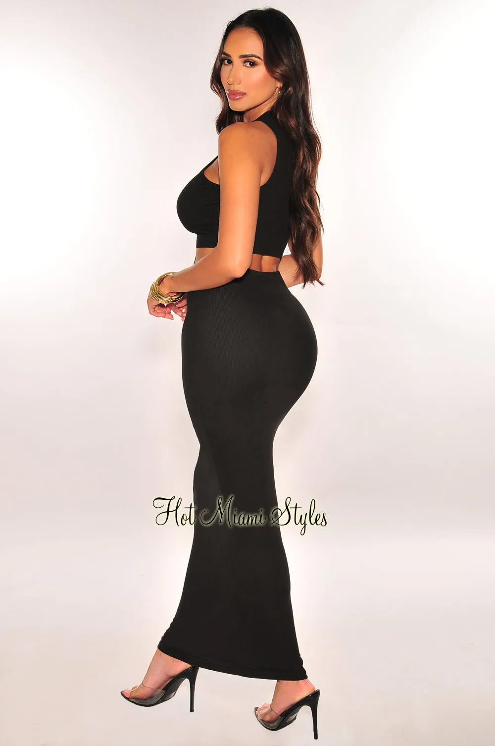 Black Ribbed Sleeveless Lace Up Maxi Skirt Two Piece Set sold by Hot Miami Styles product image thumbnail 2