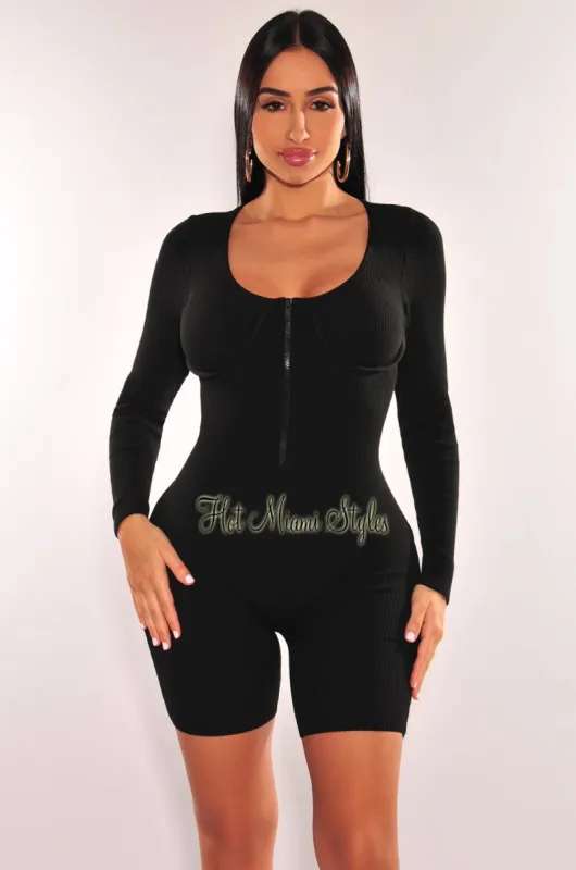 HMS Essential: Black Ribbed Knit Faux Bustier Zipper Long Sleeves Romper sold by Hot Miami Styles