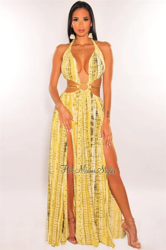Yellow Tie Dye O-Ring Cut Out Gold Belted Double Slit Maxi Dress sold by Hot Miami Styles