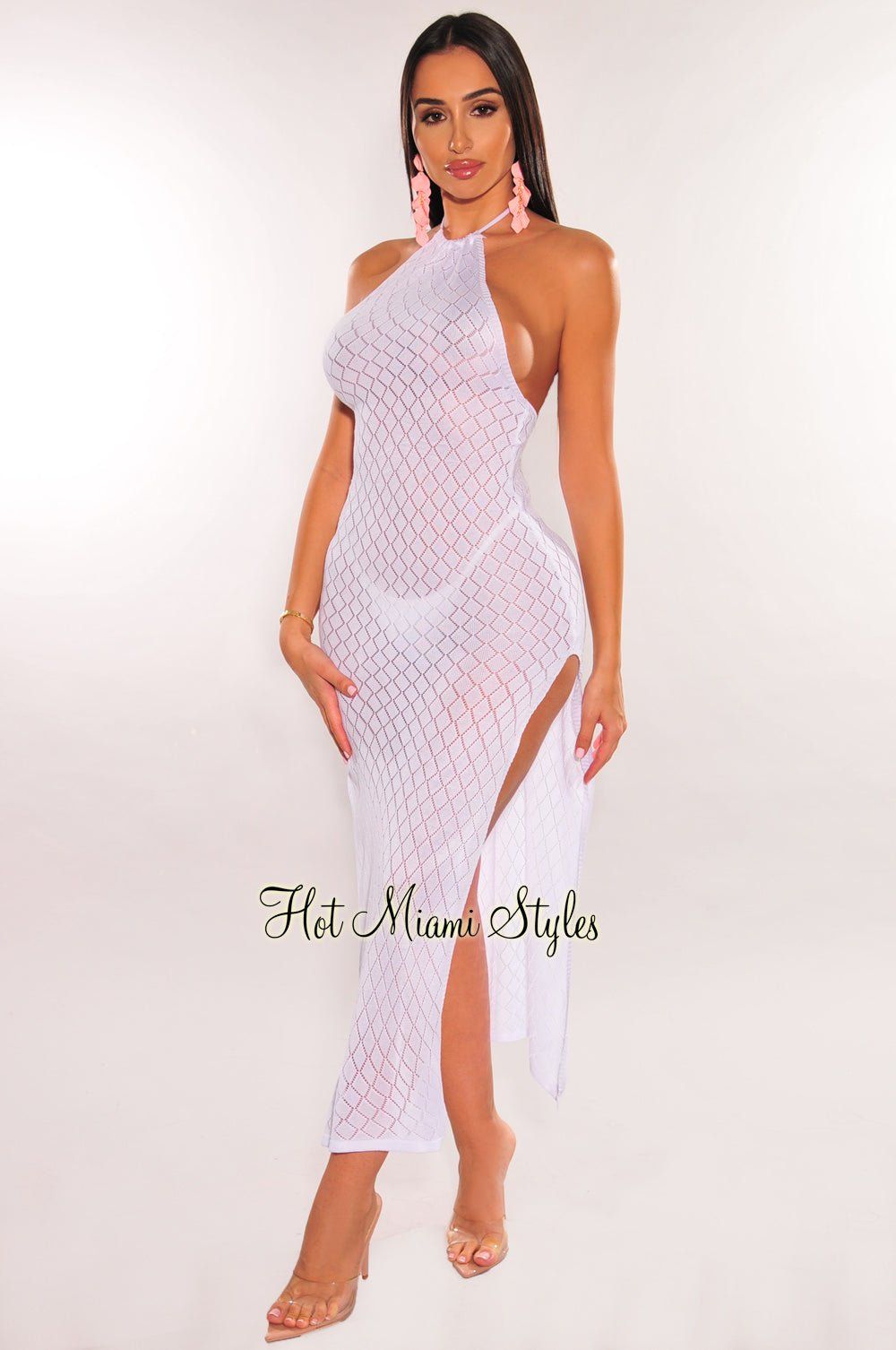 White Halter Open Back Double Slit Cover Up Dress sold by Hot Miami Styles