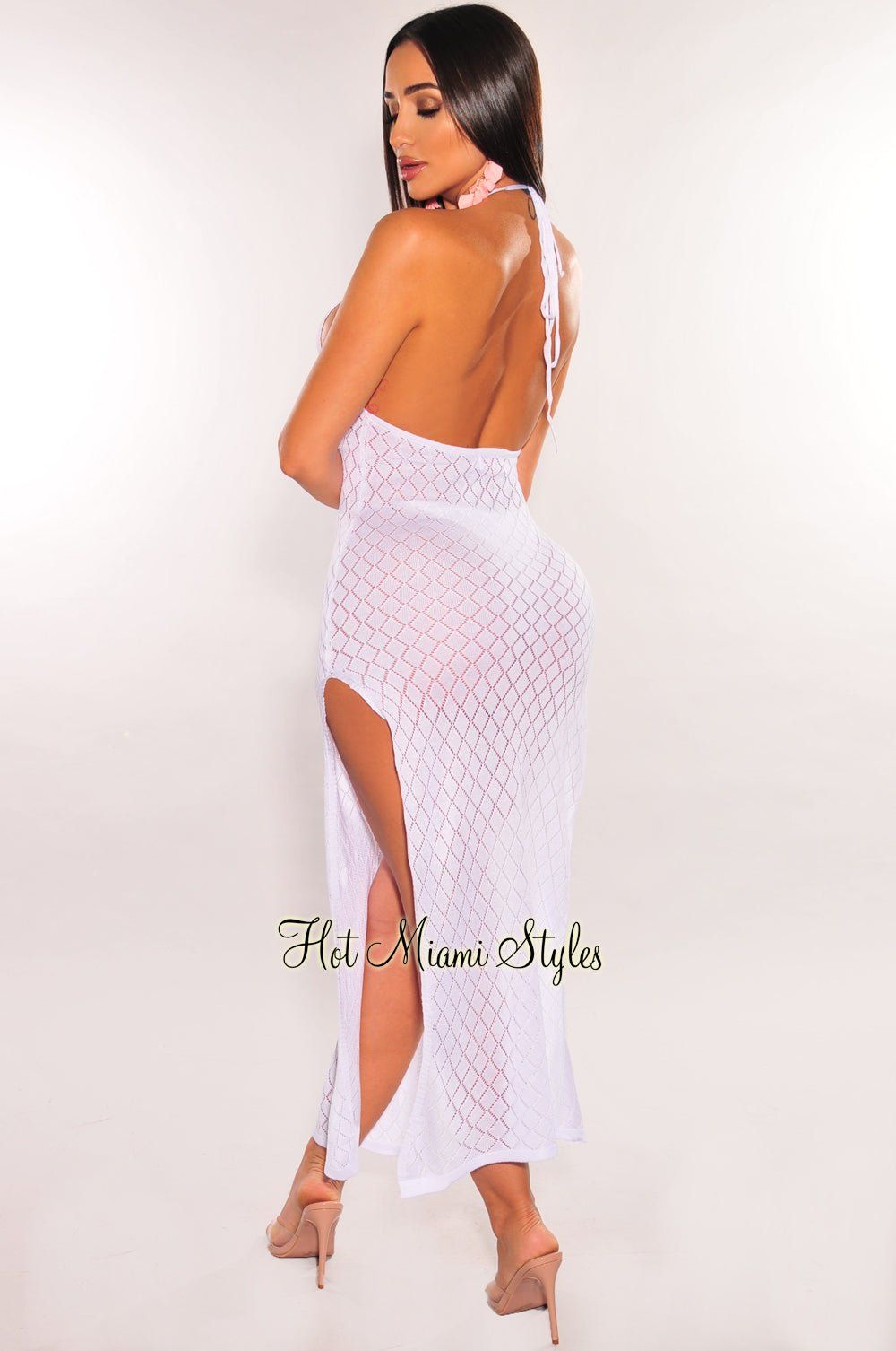 White Halter Open Back Double Slit Cover Up Dress sold by Hot Miami Styles product image thumbnail 2